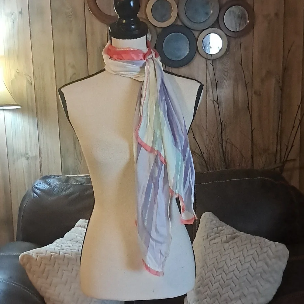 Oscar de la Renta Oblong Pastel Silk Scarf with Metallic Threads Frayed Vintage